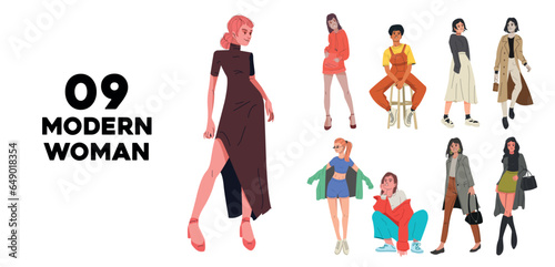 Set of vector illustrations of women in modern clothes on isolated background, bright colors easy to modify