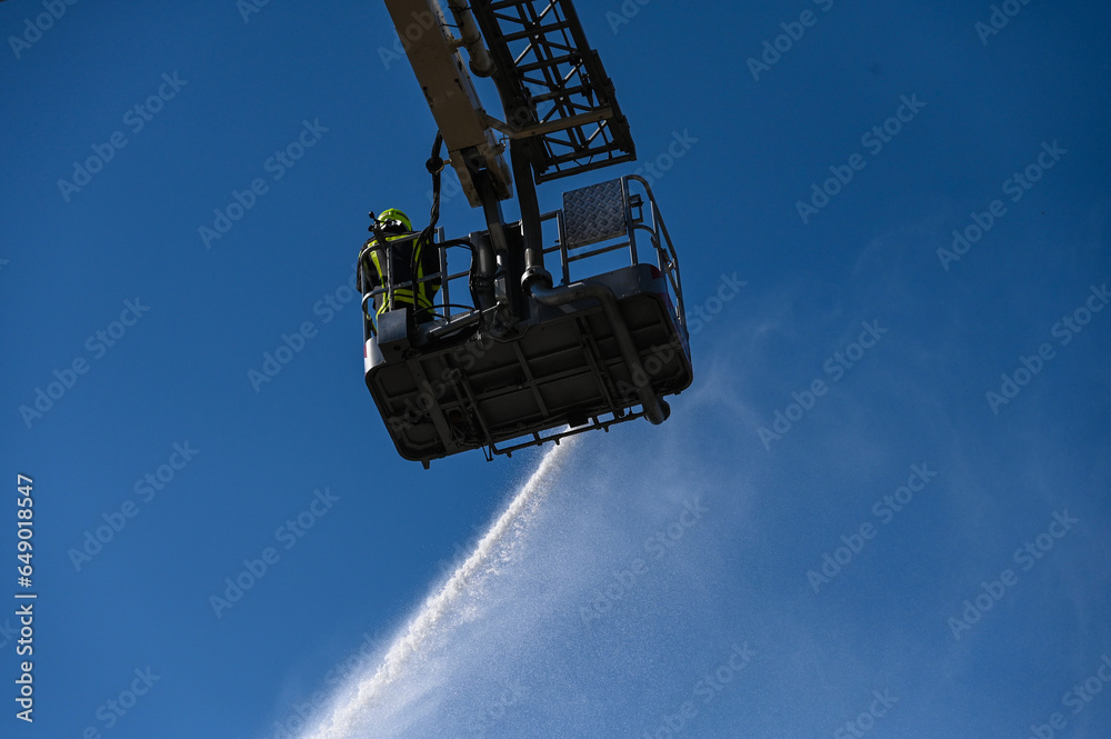 Fire fighting with special machine with tower