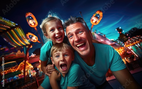 Father and mother and kids at a theme park. Generative AI