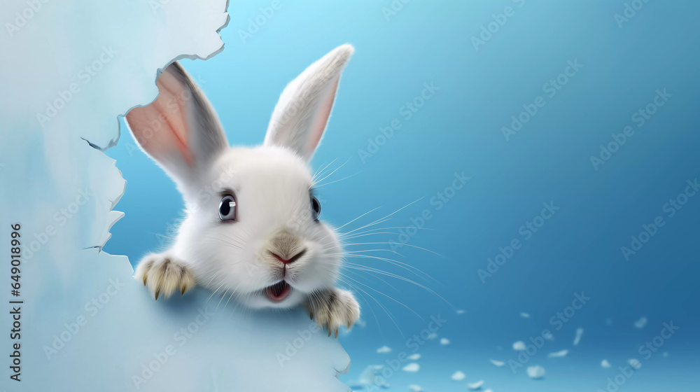 Obraz premium Easter rabbit breaking through the wall with blue background