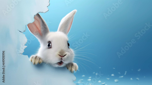 Easter rabbit breaking through the wall with blue background