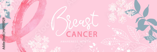 Breast cancer awareness month. Watercolor pink ribbon, flowers and leaves. Beautiful poster with hand drawn plants.Vector illustration