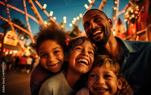 Father and mother and kids at a theme park. Generative AI