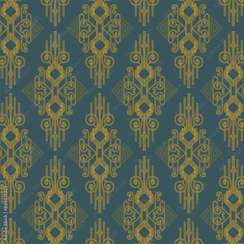 A blue background with intricate gold retro pattern designs