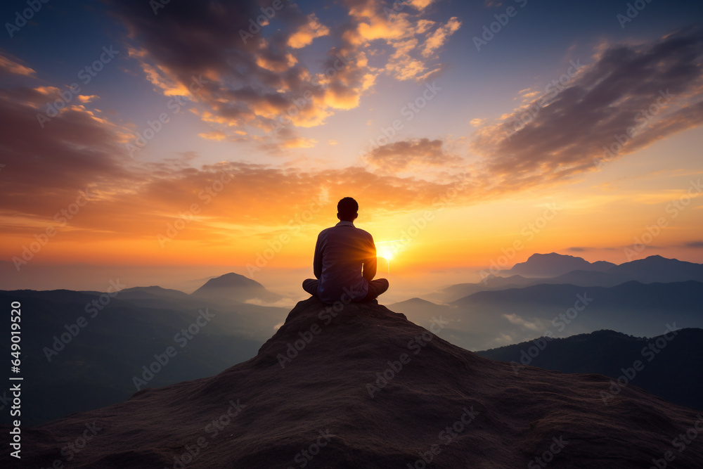 silhouette of young adult man person sitting on top of mountain sunrise