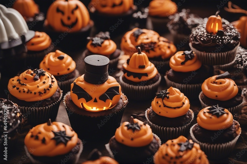 Halloween-decorated cupcakes artfully designed with festive details that capture the essence of the season. An ideal reference for festive desserts, culinary creativity, and event planning. Halloween-decorated cupcakes artfully designed with festive details that capture the essence of the season. An ideal reference for festive desserts, culinary creativity, and event planning.