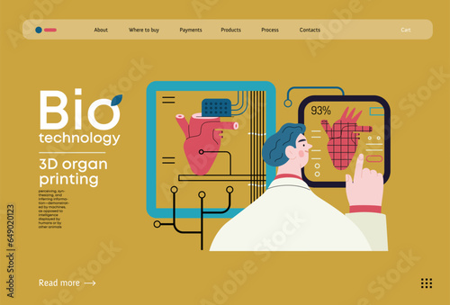 Bio Technology, 3D organ printing -modern flat vector concept illustration of 3D printer creating a human heart. Metaphor of technology in organ transplantation and the future of regenerative medicine