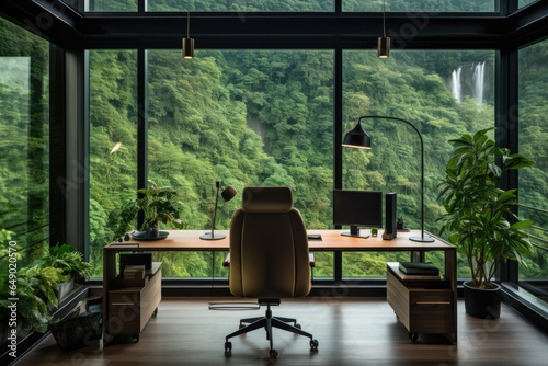 Step into an enchanting forest green office interior, where nature meets productivity, creating a serene oasis that boosts creativity and rejuvenates with its calming greenery, natural light #649020570