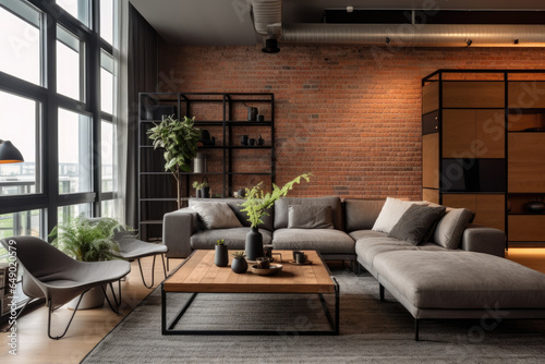 Step into a cozy urban oasis where modernity meets rustic charm in this chic and industrial living room interior, featuring comfortable seating, reclaimed wood, statement pieces, exposed brick © aicandy