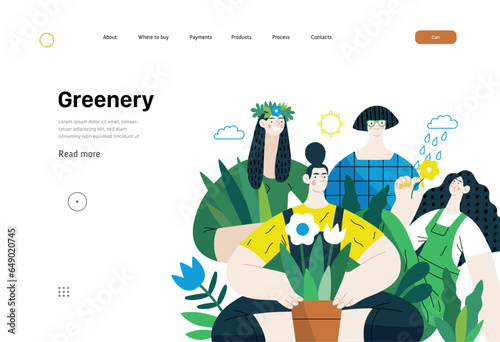 Greenery, ecology -modern flat vector concept illustration of people surrounded by plants and flowers. Metaphor of environmental sustainability and protection, closeness to nature