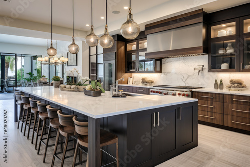 Step into a contemporary Mediterranean villa-inspired kitchen, where elegance meets comfort in a serene oasis of natural light, spaciousness, and stylish ambiance, featuring marble countertops