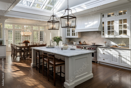 A Timeless and Welcoming Traditional American Colonial Kitchen with Modern Touches, featuring Elegant Cabinetry, Decorative Molding, Farmhouse Sink, and Spacious Breakfast Nook.