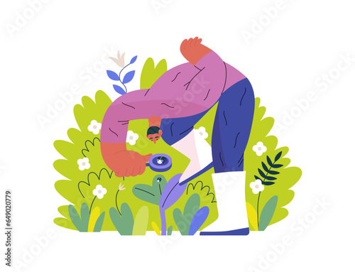 Greenery, ecology -modern flat vector concept illustration of a man in plants, looking at the bug through the lens. Metaphor of environmental sustainability and protection, closeness to nature