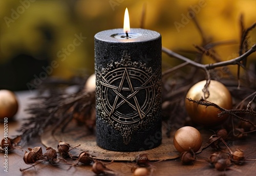 Black candle with pentagram photo