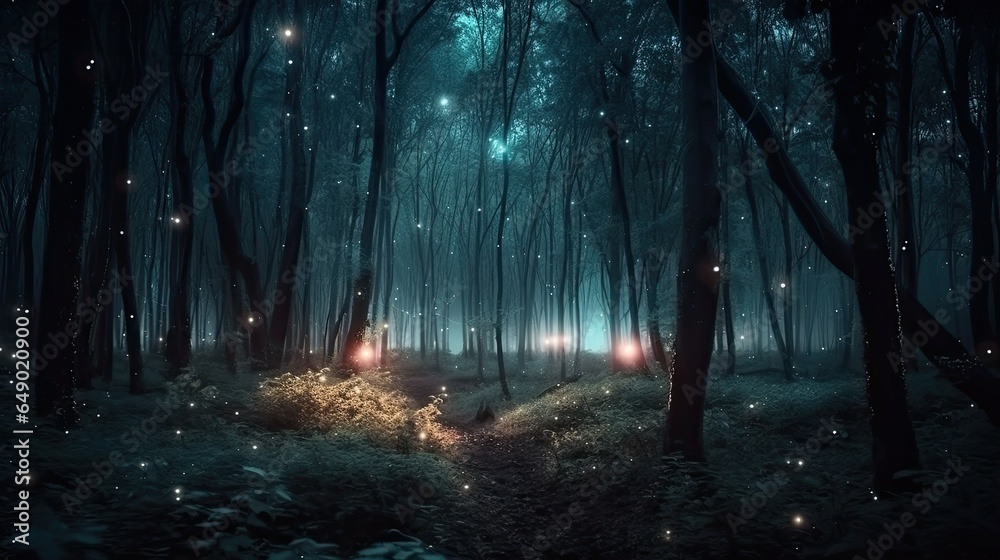 Fototapeta premium fireflies in night forest