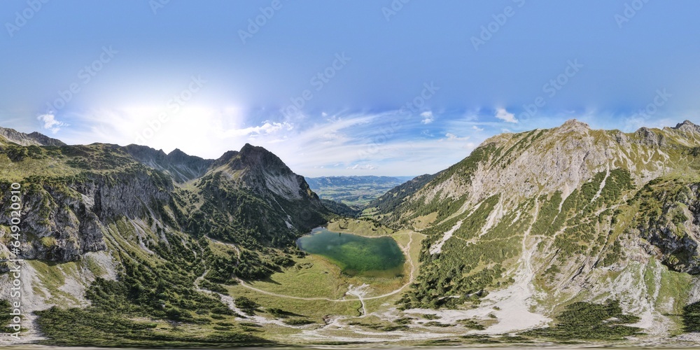 360 degrees panorama. The lake - Geisalpsee in the mountains in the Oberstdorf, Allgäu Alps, Germany.