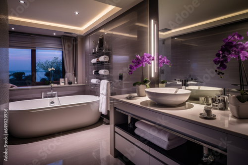 An Inviting and Elegant Bathroom Oasis  Modern Plum Accents  Luxurious Furniture  Soft Ambient Lighting  and Serene Natural Elements for a Refreshing and Rejuvenating Experience.