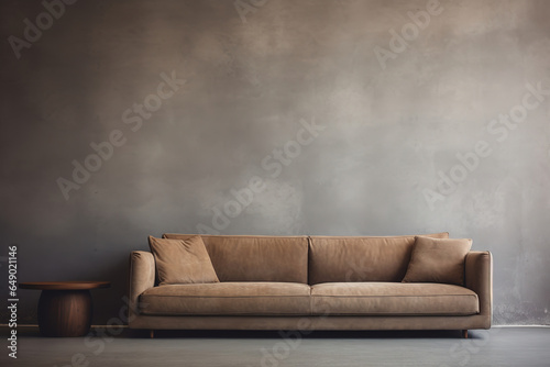 couch in front of a wall in a minimalist furnished apartment, generative ai 