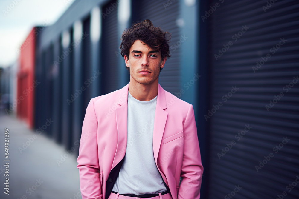 Portrait of a handsome young man in a pink suit on the street Selective focus.  - obrazy, fototapety, plakaty 