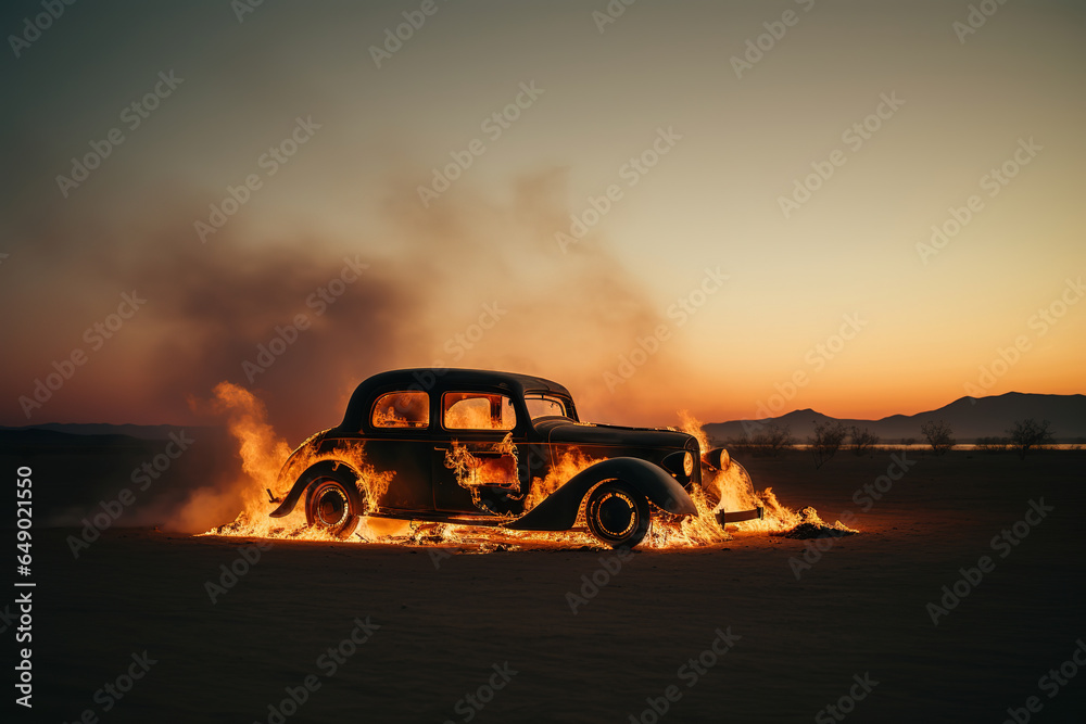 old car engulfed in flames in the middle of the desert, evening, generative ai 