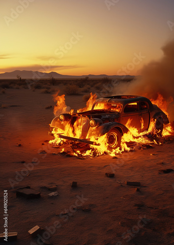 old car engulfed in flames in the middle of the desert, evening, generative ai 