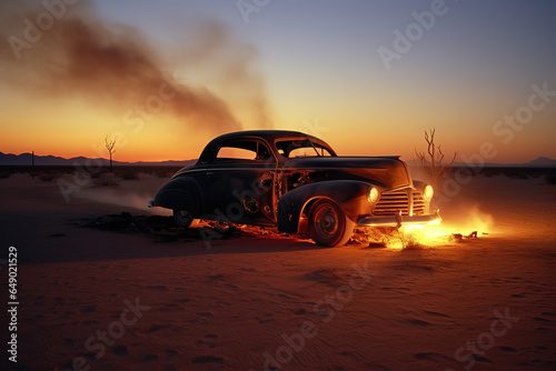 old car engulfed in flames in the middle of the desert  evening  generative ai 