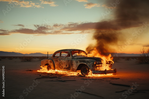 old car engulfed in flames in the middle of the desert  evening  generative ai 