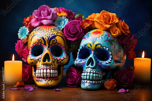 Painted human skulls for Mexico's Day of the Dead (El Dia de Muertos), candles and flowers on color background, generative ai 