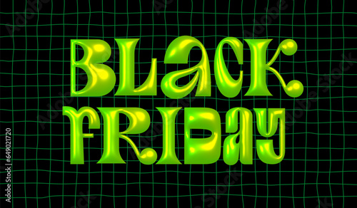 Black Friday Sale Background with Neon Colored 3d Modern Style Letters. Green Y2k Trendy Font on Black Pattern with Checkers. Vector Advertising Illustration