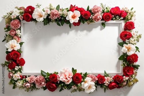 Frame with copy space decorated by the flower composition, top view.