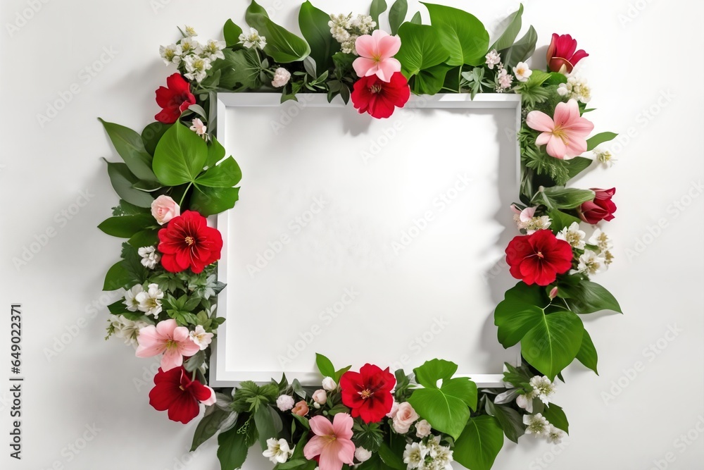 Frame with copy space decorated by the flower composition, top view.