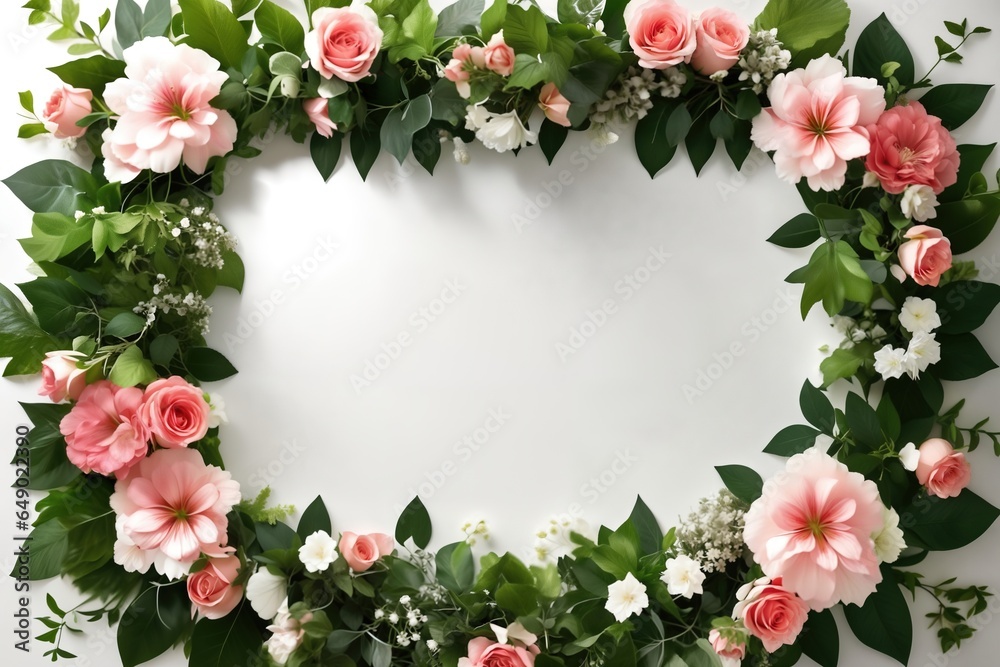 Frame with copy space decorated by the flower composition, top view.