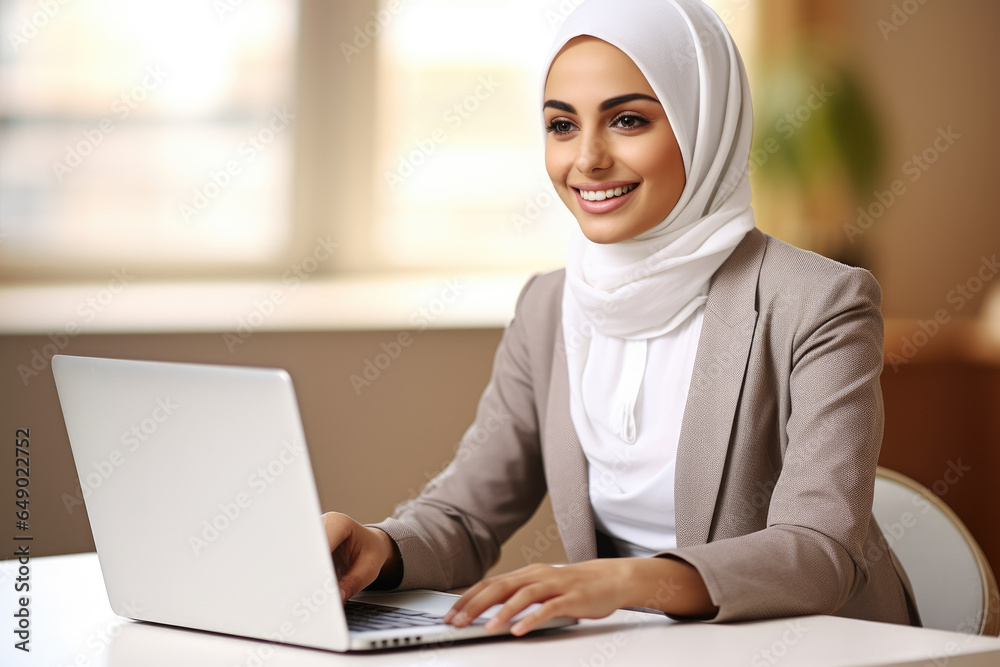 Woman is sitting at table with laptop computer. This image can be used to depict technology, remote work, or studying. Woman is sitting at table with laptop computer. This image can be used to depict technology, remote work, or studying.