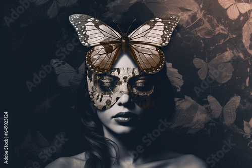Beauty, fashion and fantasy concept. Abstract woman portrait with colorful moth butterfly wings mask. Collage illustrative style. Generative AI