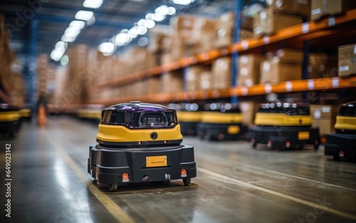 Automated Robot Carriers In Smart Distribution Warehouse. Generative AI