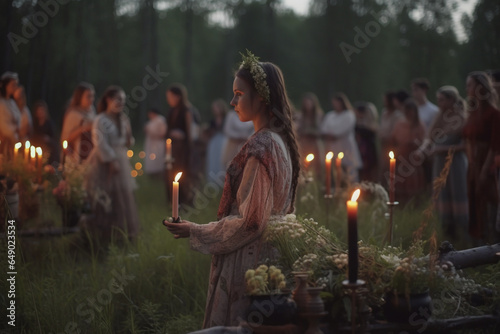 Saint John's Festival (Jonines, Saint John's Day, Ivana kupala) midsummer pagan folk festival illustration. Celebrated on June 24. Beautiful woman portrait. Generative AI