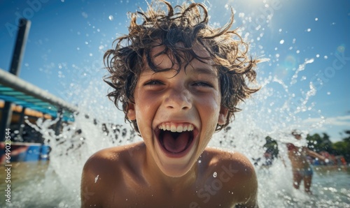 Teenager enjoys summer day at water park. Child boy laughing and smiling while riding water slide, feeling refreshing splashes © DenisNata