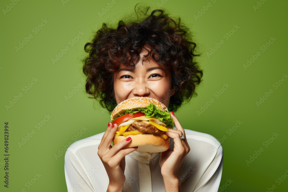 Woman holding hamburger in front of her face. This image can be used for food and restaurant-related projects. Woman holding hamburger in front of her face. This image can be used for food and restaurant-related projects.