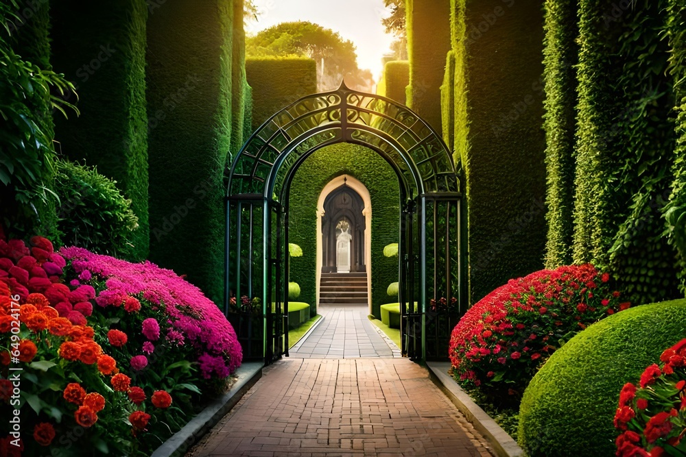 Fototapeta premium a tranquil image of a secret garden hidden behind a wrought iron gate, filled with colorful flowers and a lush, green labyrinth 