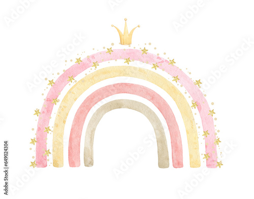 Cartoon pink rainbow with stars.