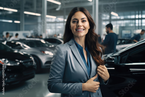 Woman in suit confidently stands in front of sleek car. This image can be used to represent success, professionalism, or automotive industry concepts.