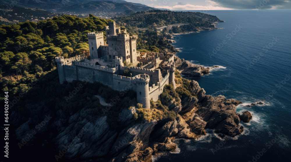 Castle on the cliff landscape, aerial view of medieval fortress architecture