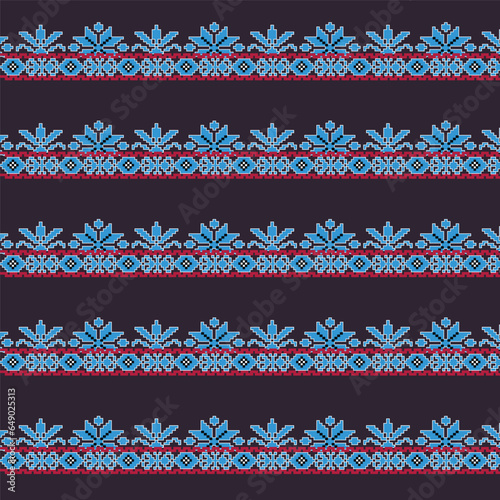 A vibrant blue and red pattern border against a dark background