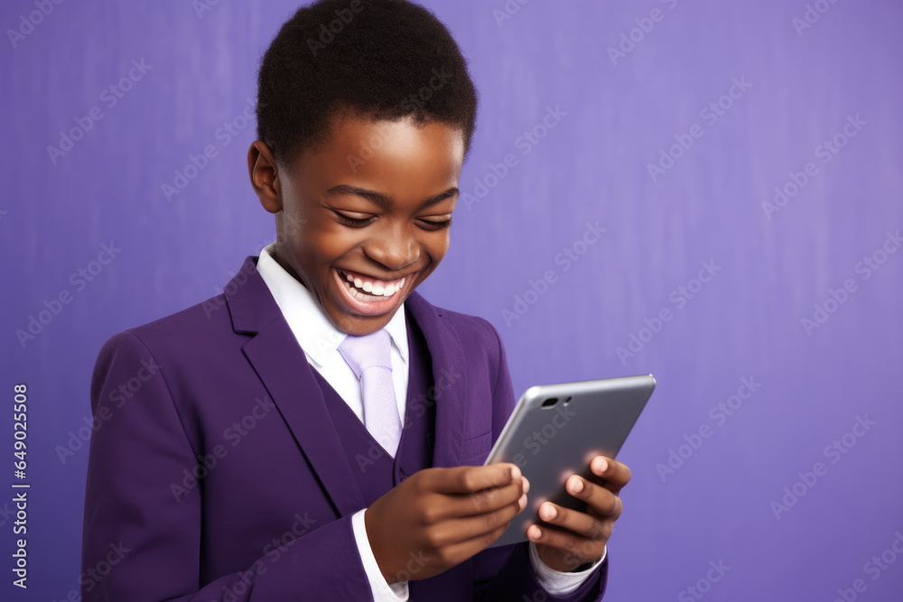Young boy dressed in purple suit holding cell phone. This image can be used to depict stylish young boy or for technology-related concepts. Young boy dressed in purple suit holding cell phone. This image can be used to depict stylish young boy or for technology-related concepts.