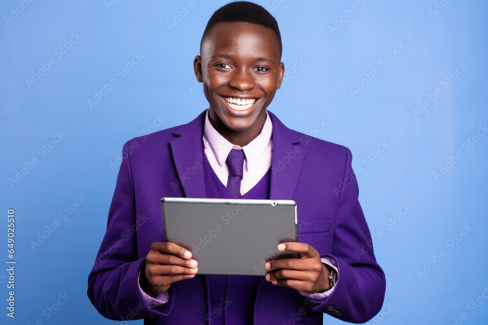 Man dressed in purple suit is holding tablet computer. This image can be used to illustrate technology, business, or modern communication concepts. Man dressed in purple suit is holding tablet computer. This image can be used to illustrate technology, business, or modern communication concepts.