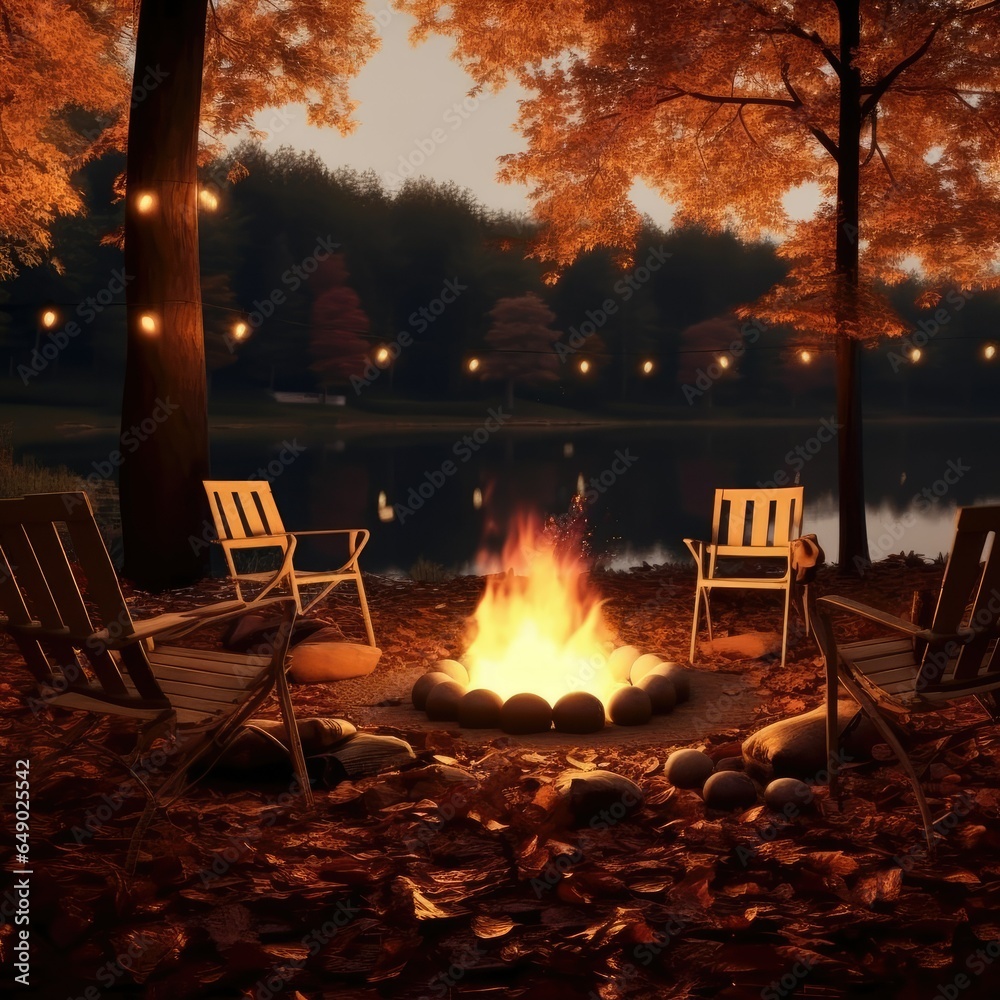 Relaxing evening autumn view with a bonfire in the forest and a place for a picnic, lifestyle outdoor tourism vacation, generative ai 
