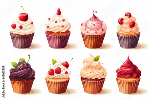 A set of cupcakes on a white background decorated with berries