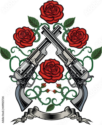 illustration of guns with roses and ornaments floral with tattoo drawing style