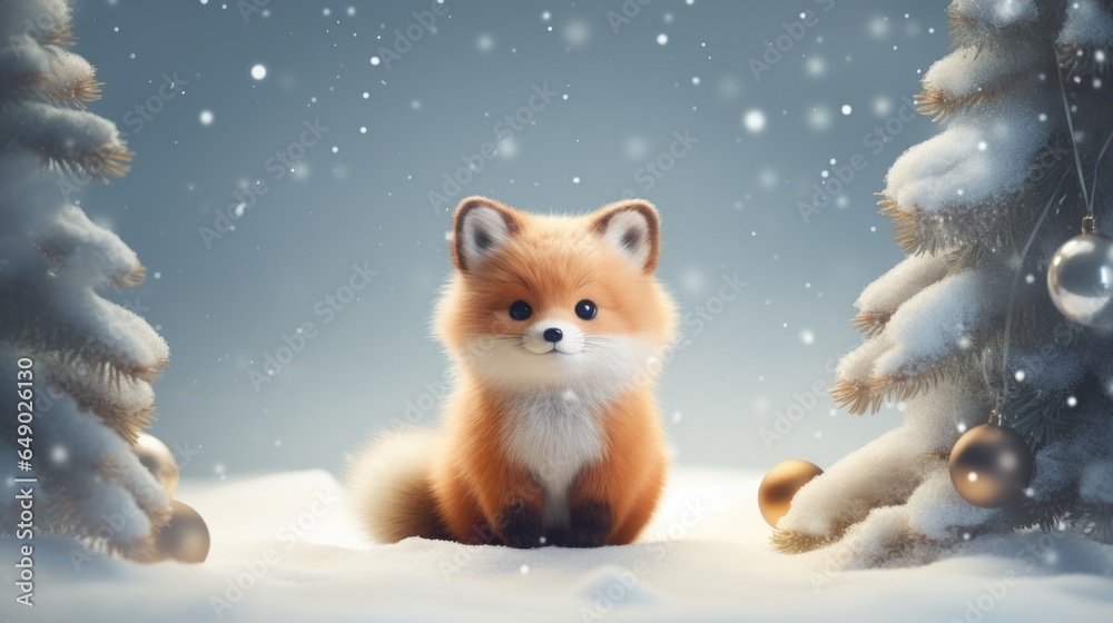 A fox sitting in the snow next to a christmas tree