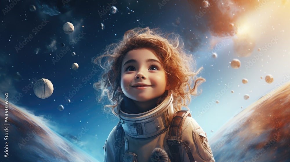 A little girl in a space suit standing in front of planets